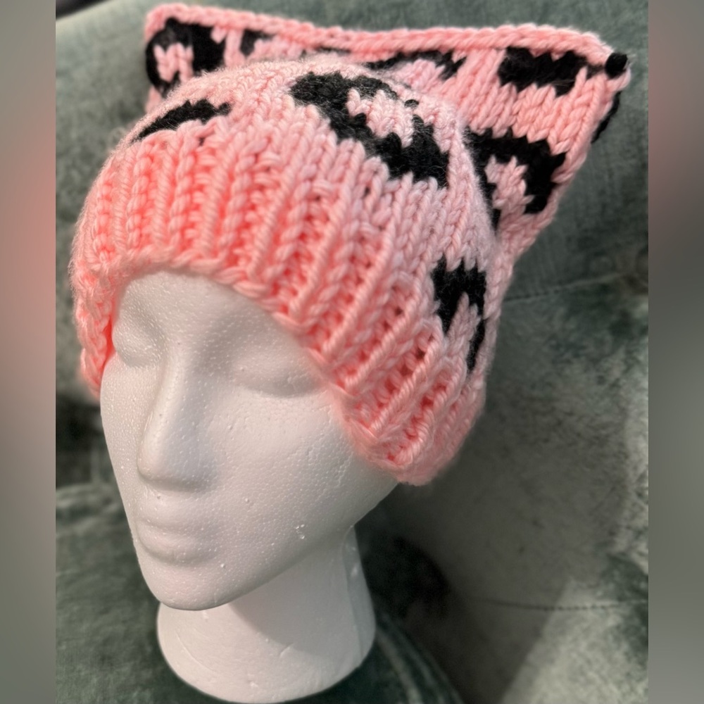 Handmade Hand Crafted Knit Leopard Print Cat Hat Pink and Black - Picture 8 of 11